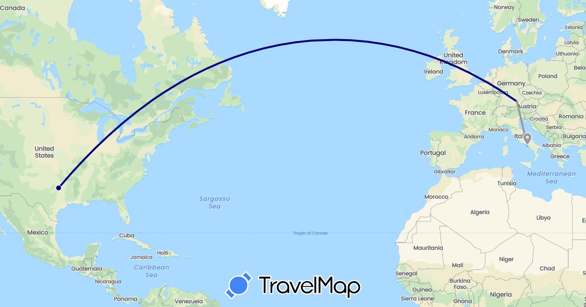 TravelMap itinerary: driving, plane in Germany, Italy, United States (Europe, North America)